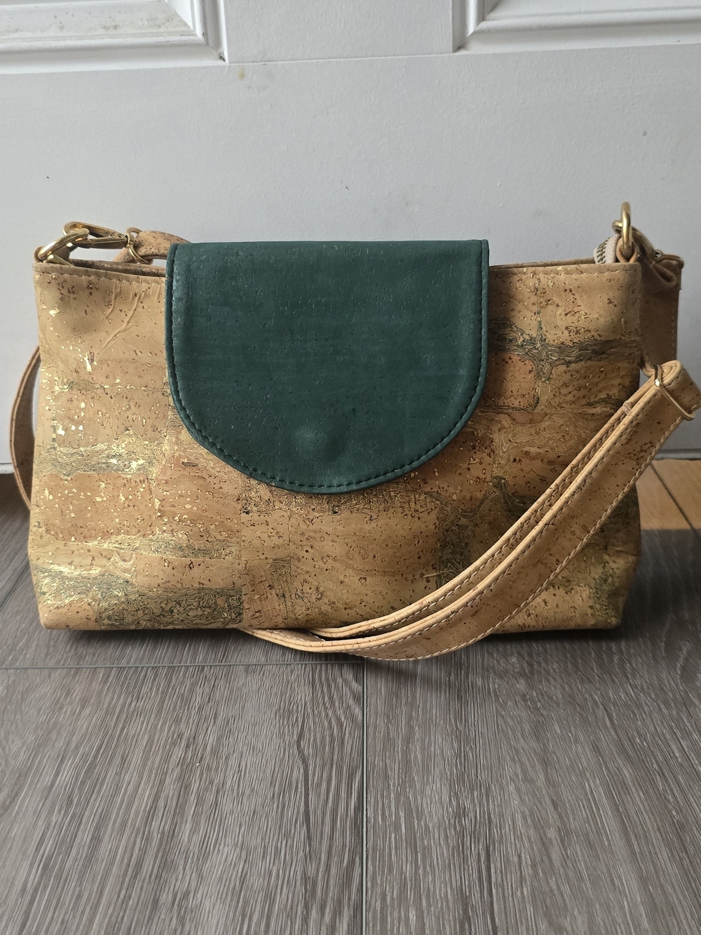 Natural Cork Crossbody Bag Made Portugal Teal Flap Gold Marbled Vegan Boho